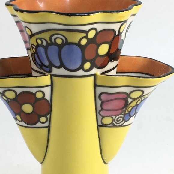 Noritake Art Deco Vase Design 3 Chamber Tulip Yellow Orange Blue Lusterware 7in - Picture 3 of 16